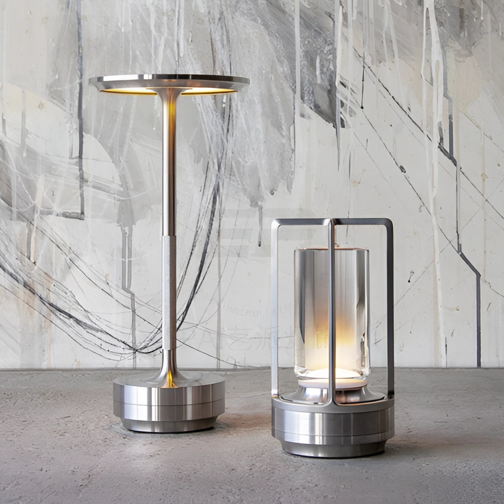 Table Lamp with Dimming Feature, wooden rectangular base, glass shade, placed on a wooden floor in a stylish interior setting.