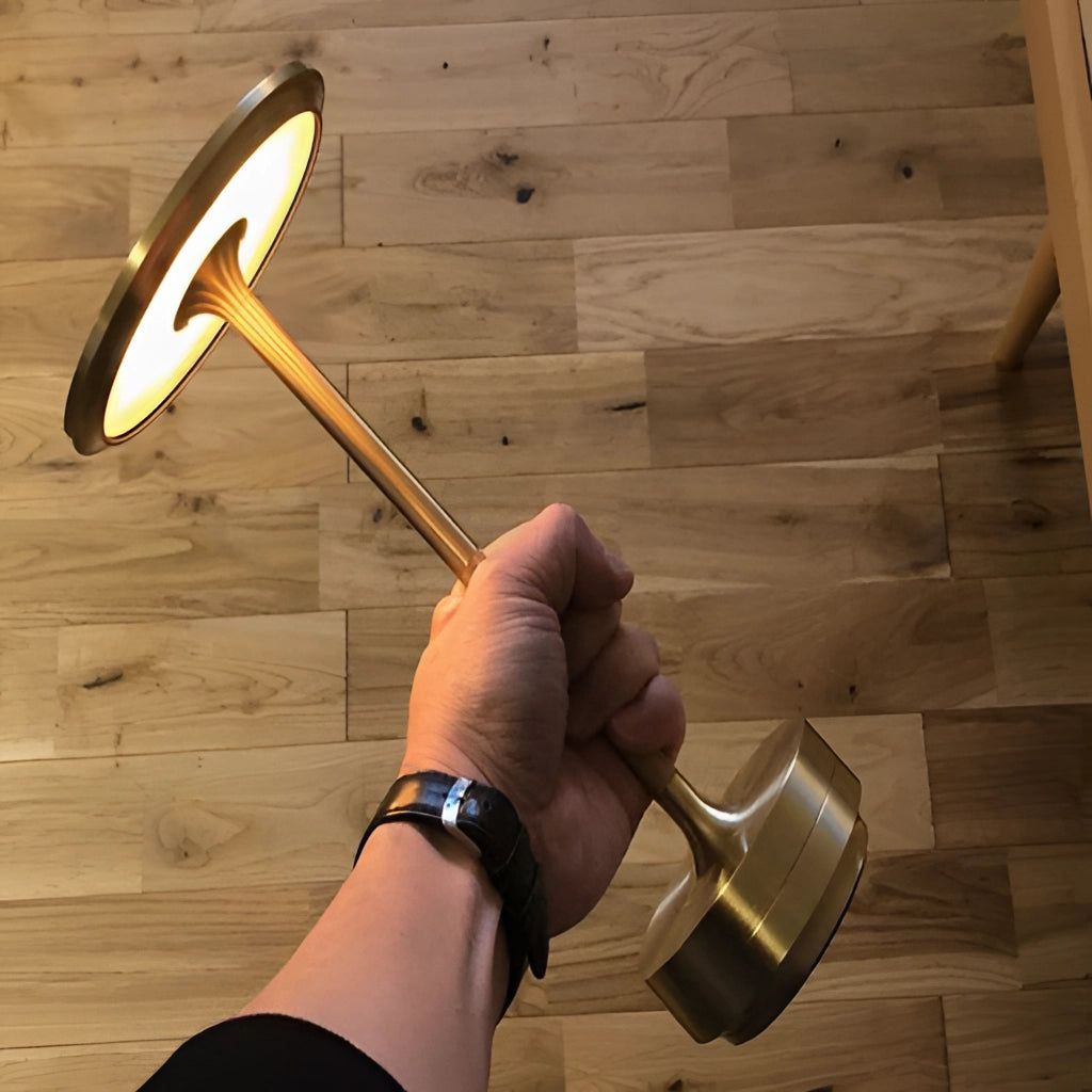 A stylish table lamp with dimming feature, showcasing masterful craftsmanship, placed on a hardwood surface.