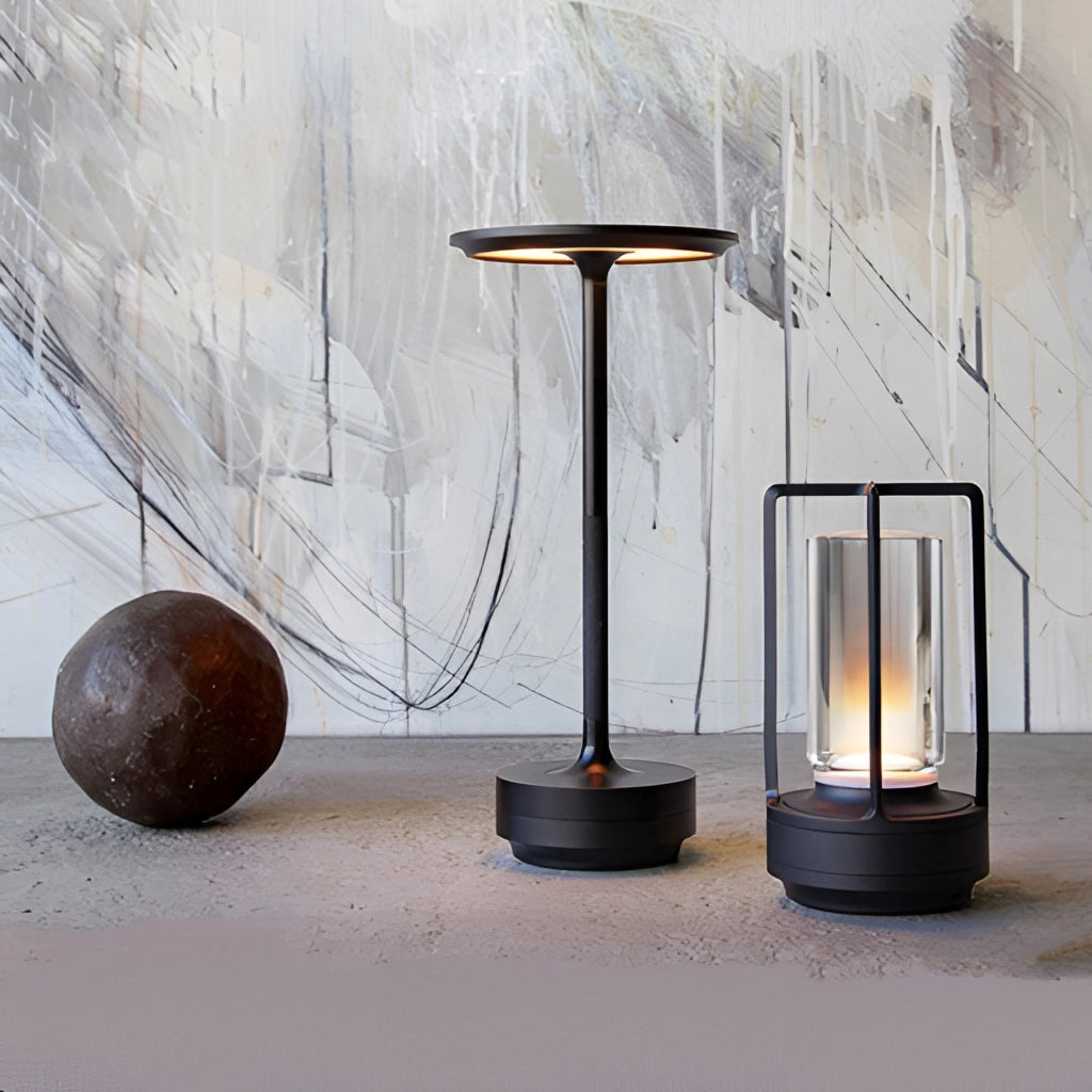 Table lamp with dimming feature made of wood, placed on a grey rectangular floor with artistic interior design background.