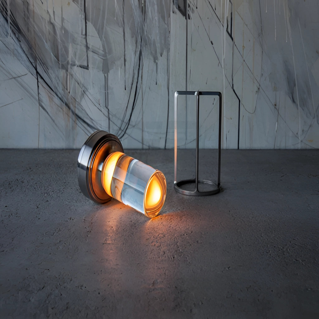 Table lamp with dimming feature made of wood and glass, emitting a warm amber light.