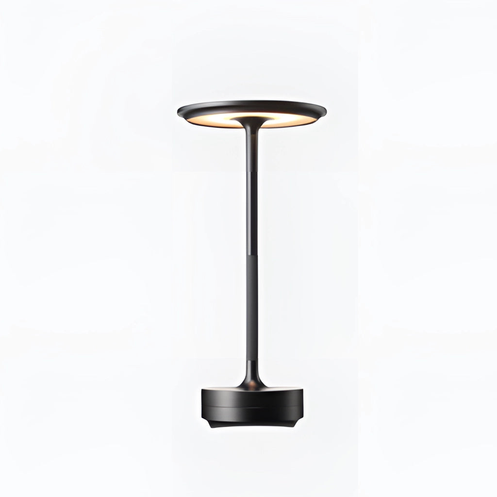 Black table lamp with dimming feature, masterfully crafted, displayed on a rectangular table, next to a glass vase in a still life setting.