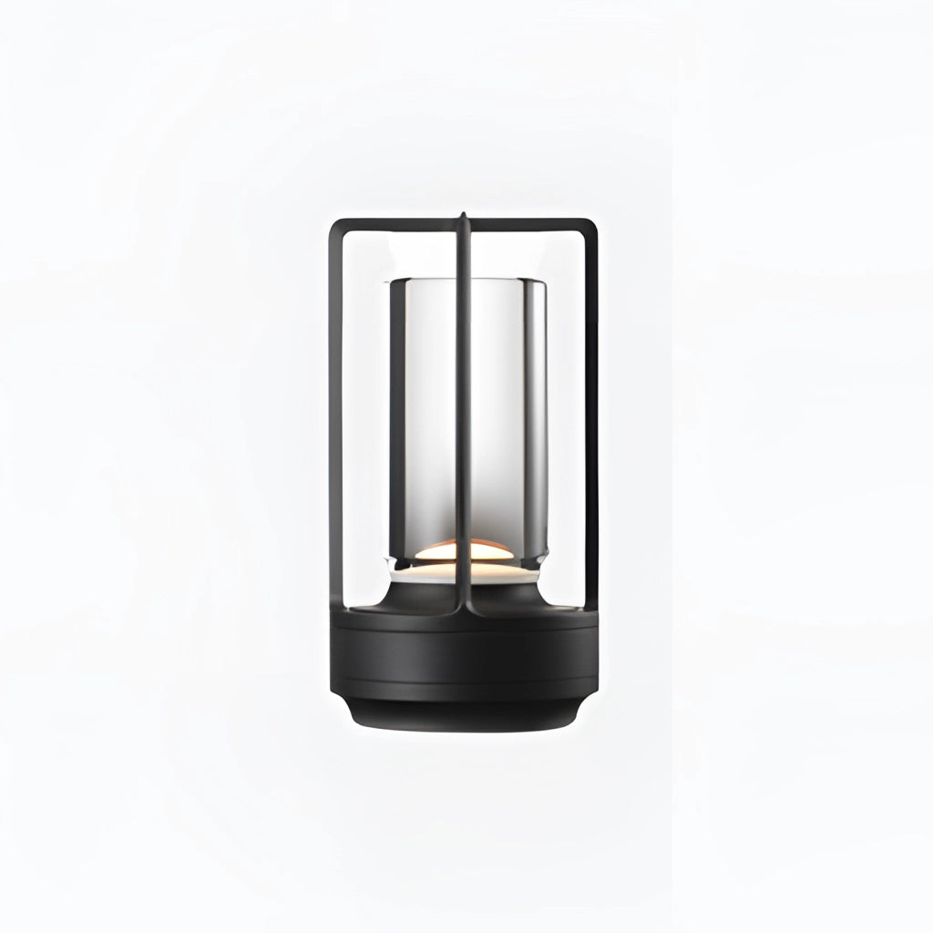 Black table lamp with dimming feature, lantern-style design, masterful craftsmanship, rectangular base, and glass light fixture.