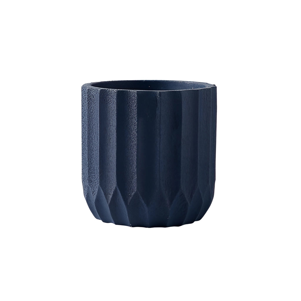 Large navy textured ceramic polygon vase with a geometric design.