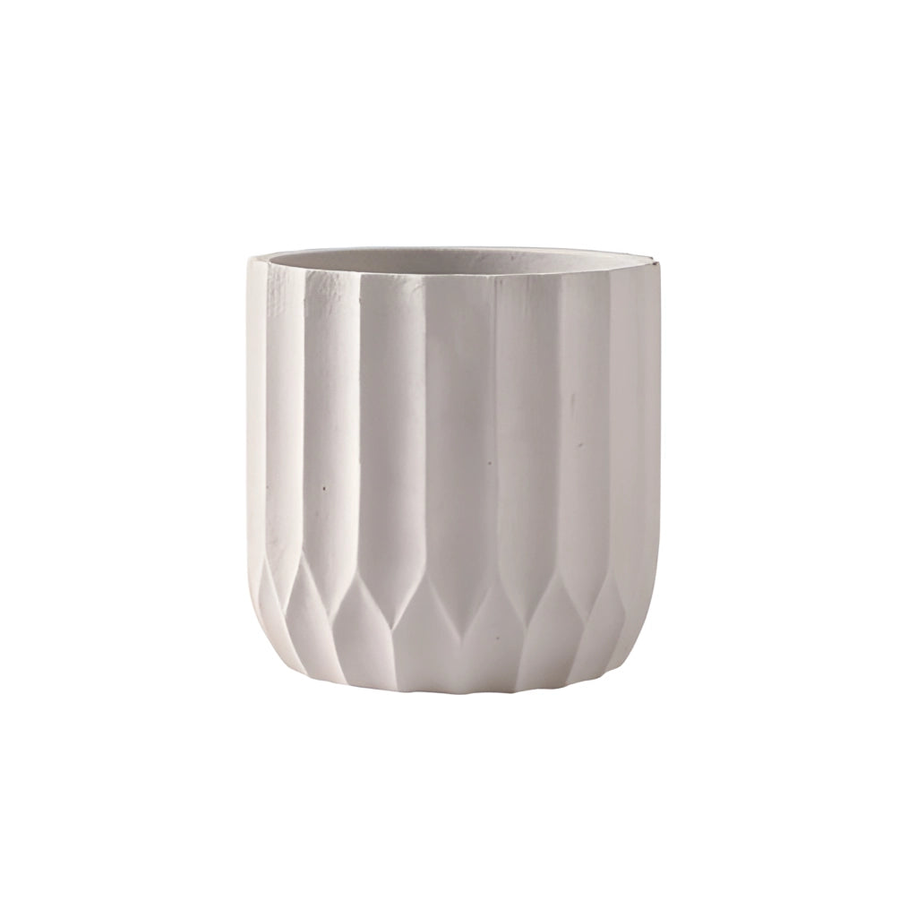 Textured Ceramic Polygon Vase with Geometric Design in Ivory, Large, displayed on a table.