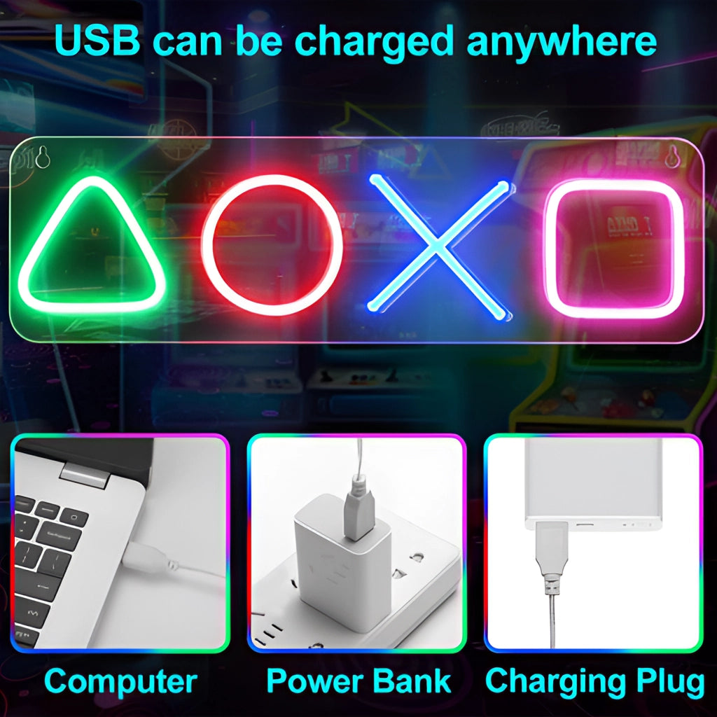 USB chargeable gaming icon neon lamp with vibrant lighting, ideal for game room decor and night lighting.