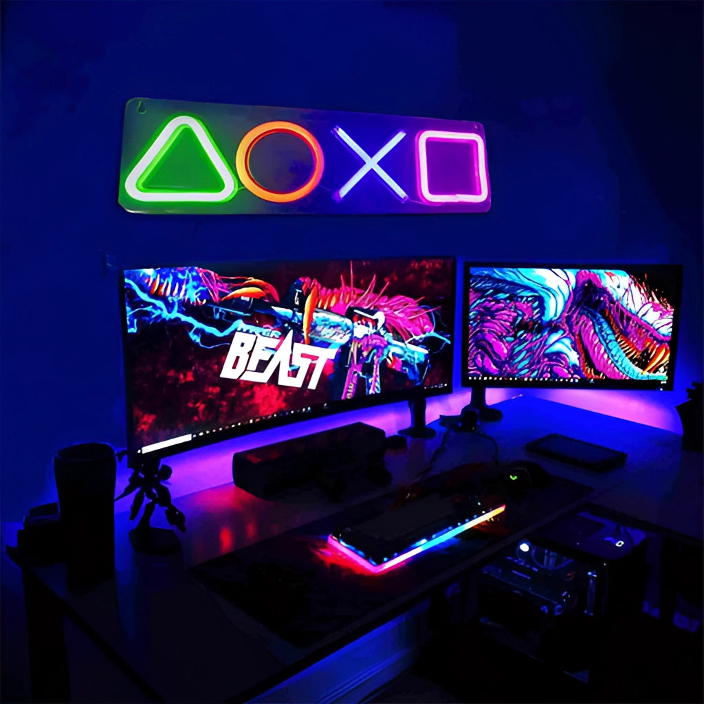 USB chargeable neon lamp featuring a gaming icon, glowing in magenta and electric blue, ideal for game room decor and night lighting.