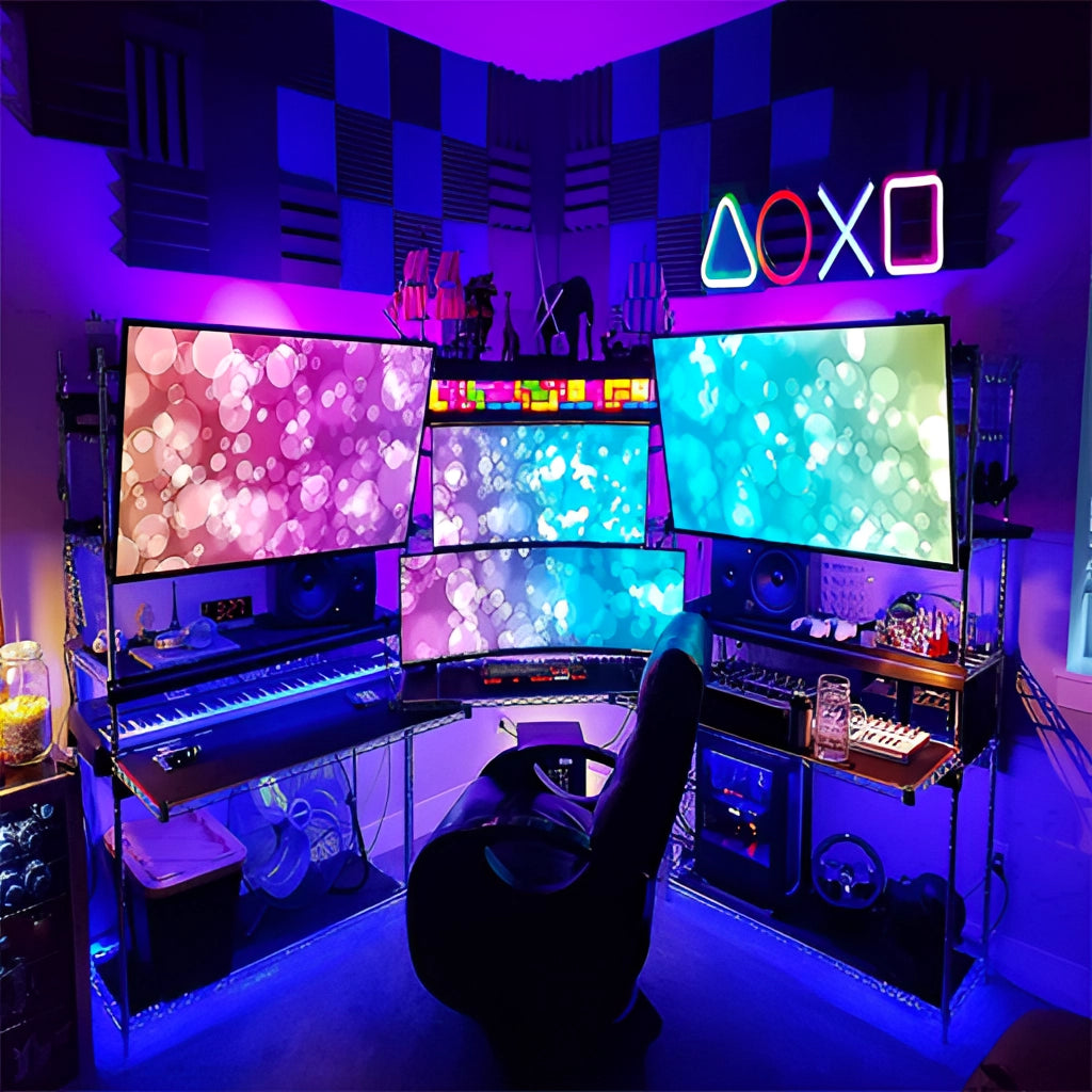 USB chargeable gaming icon neon lamp illuminating in purple, placed in a game room setting with a computer keyboard and audio equipment.