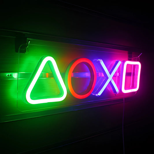 USB Chargeable Gaming Icon Neon Lamp glowing in electric blue and magenta colors, ideal for game room decor and night lighting, featuring bold graphic signage and visual effect lighting.