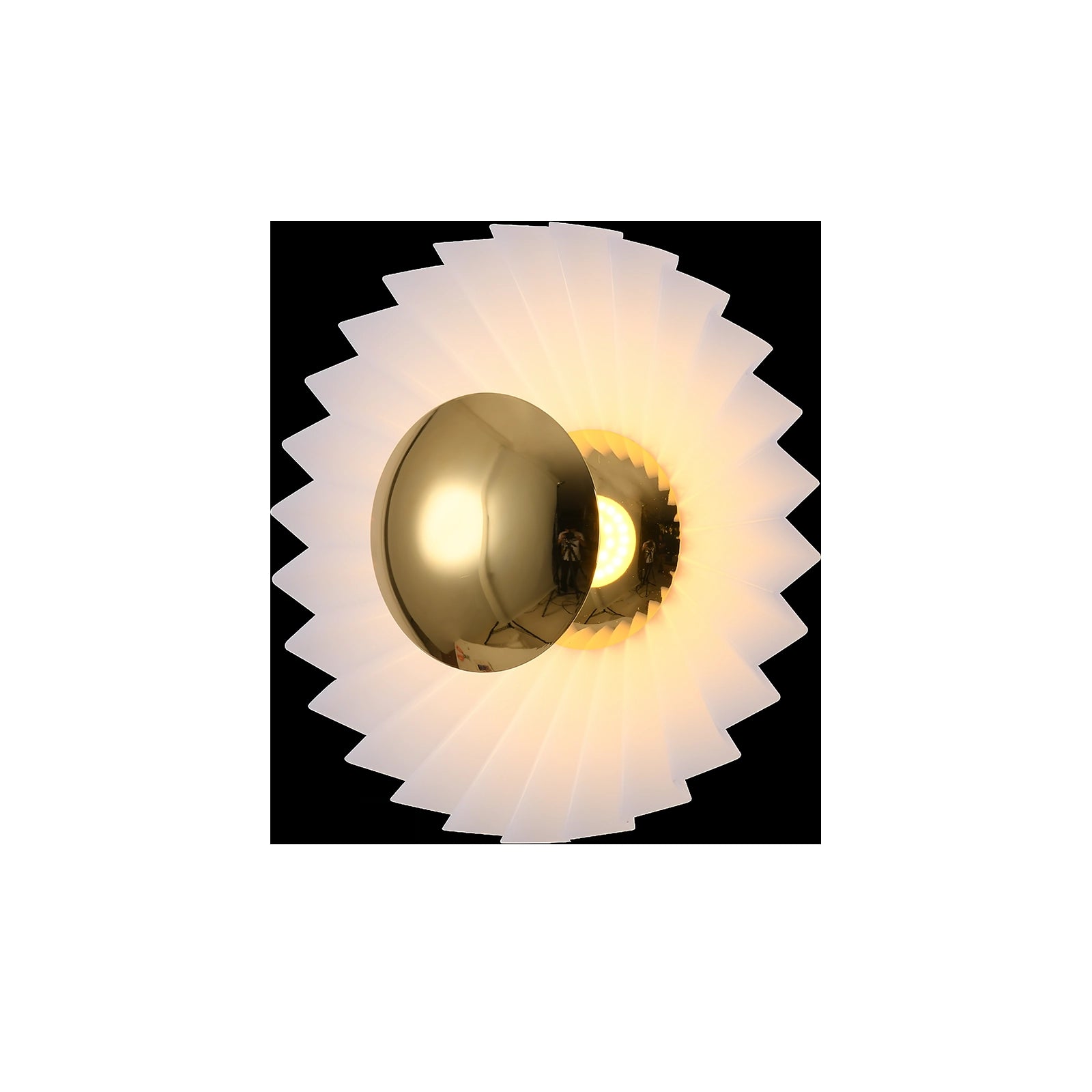 Modern wall lamp with artistic design and premium materials, featuring a sleek metal cylinder shape and circular elements, displayed against a backdrop with subtle plant accents.