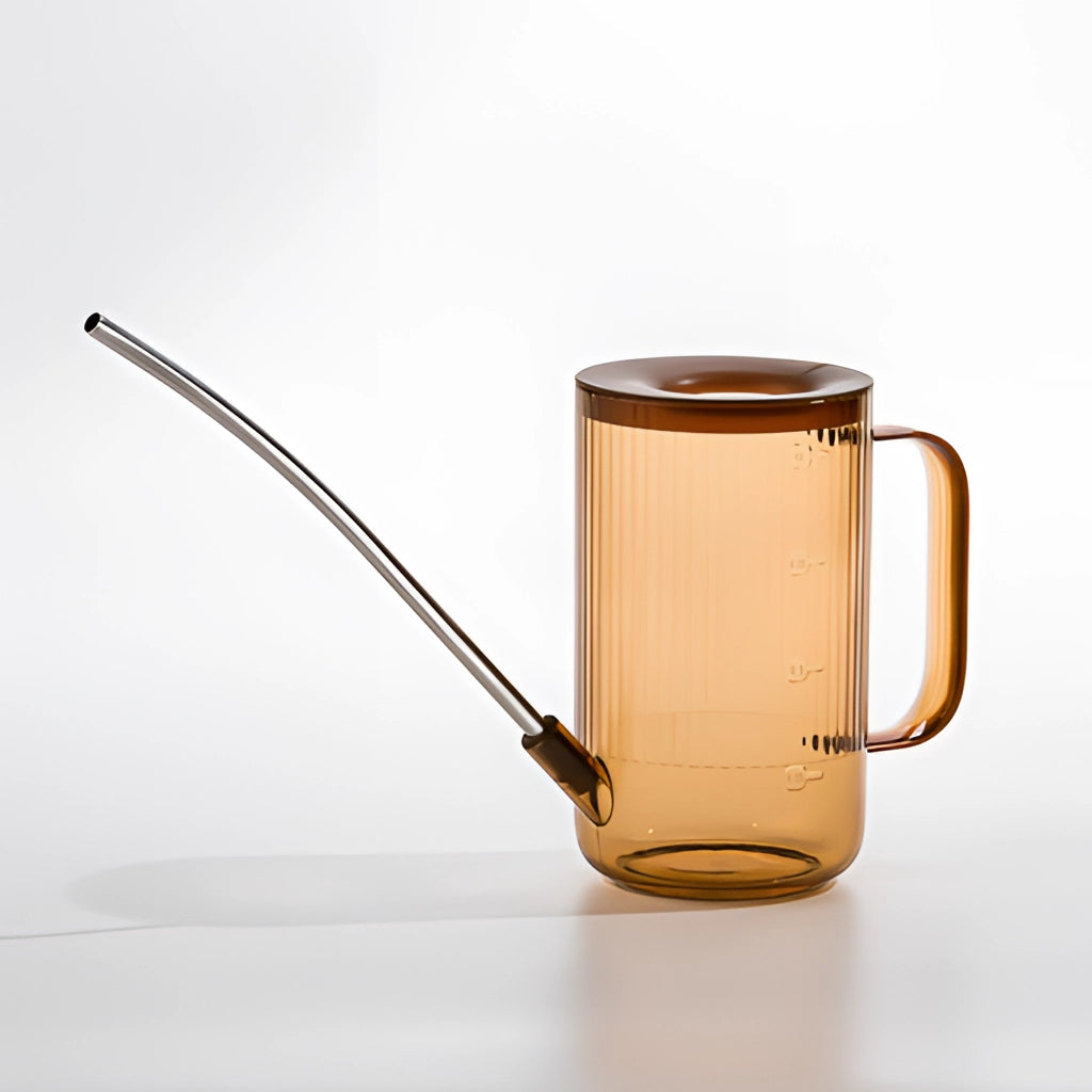 A brown watering can with an extended spout for accurate water delivery.