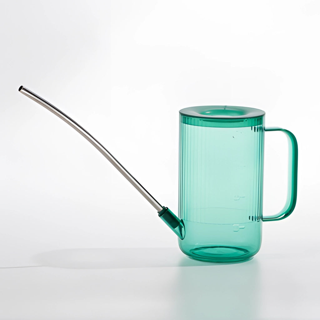 A green watering can with an extended spout for accurate water delivery.