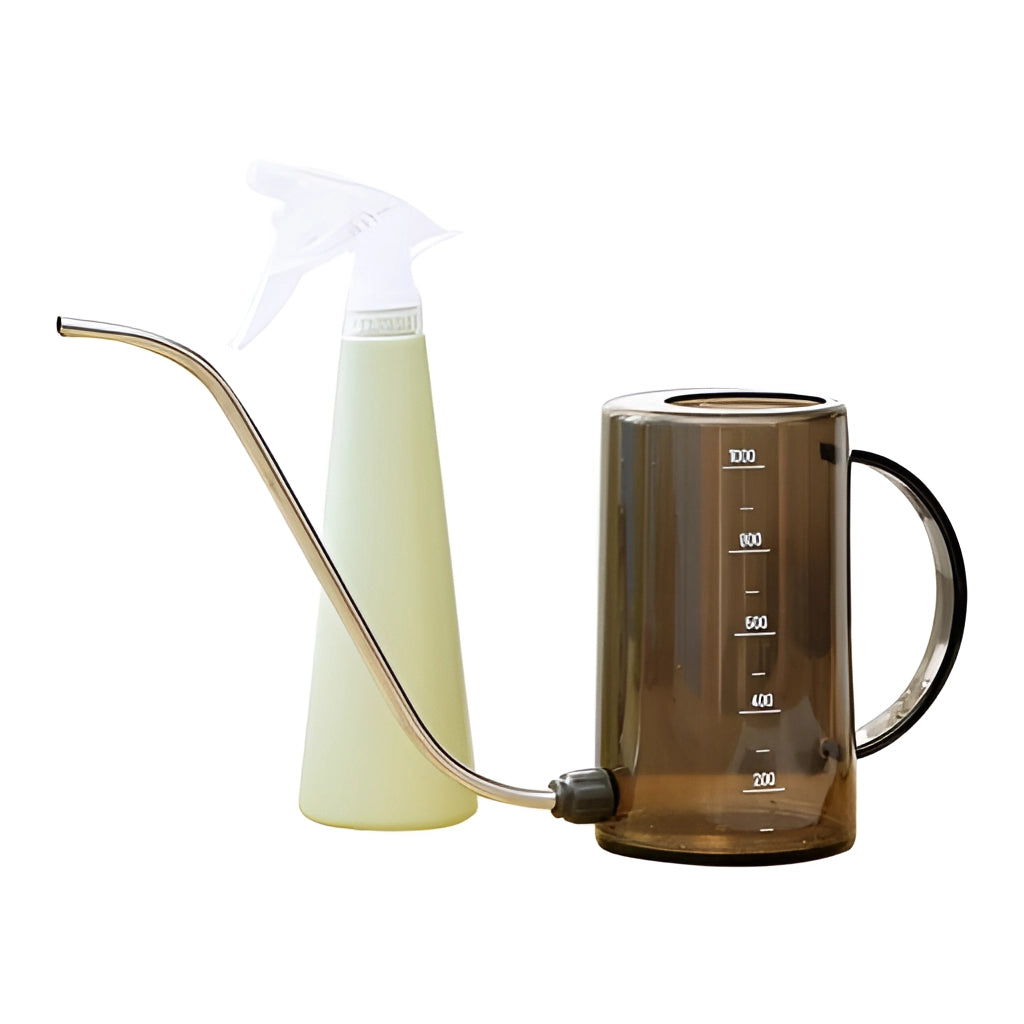 Watering tools set including a lime green plastic watering can and a brown spray bottle.