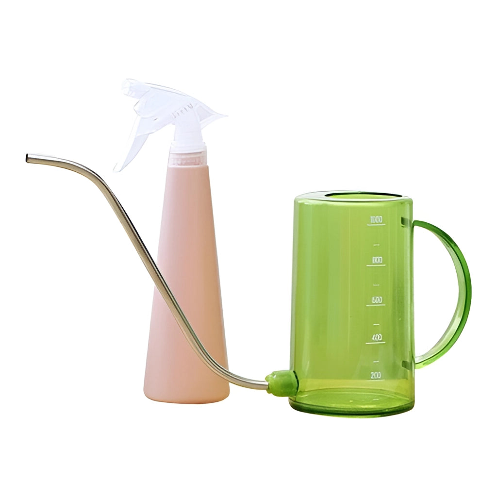 Watering Tools Set with Plastic Can and Spray Bottle in Pink and Green.