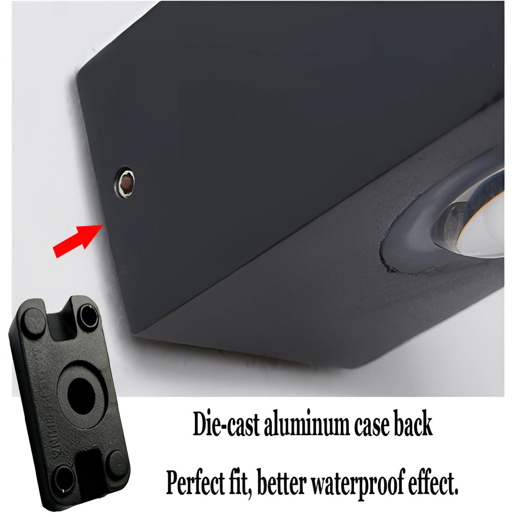 A sleek, waterproof black UFO-shaped wall light mounted on an exterior wall.
