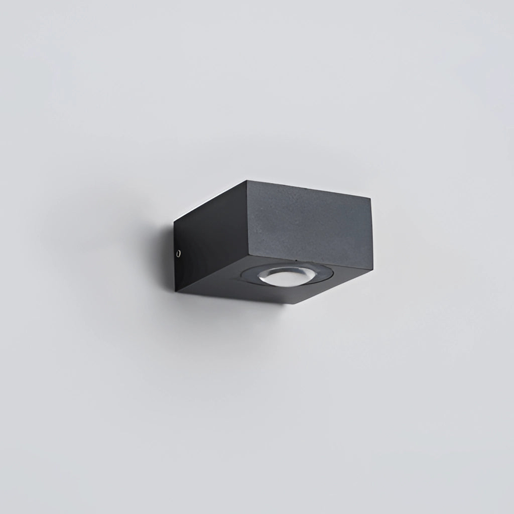 Waterproof black UFO wall light with a circular and rectangular metal design, suitable for indoor and outdoor use.