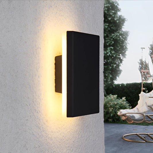 Waterproof LED Outdoor Wall Lamp Aluminum Light Fixture mounted on an exterior wall with plants and trees in the background.