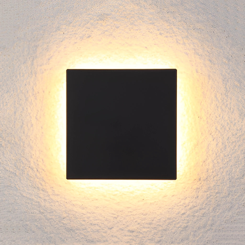 Waterproof LED outdoor wall lamp aluminum light fixture with a rectangular brown design, emitting a warm amber light, mounted against a dark sky backdrop.
