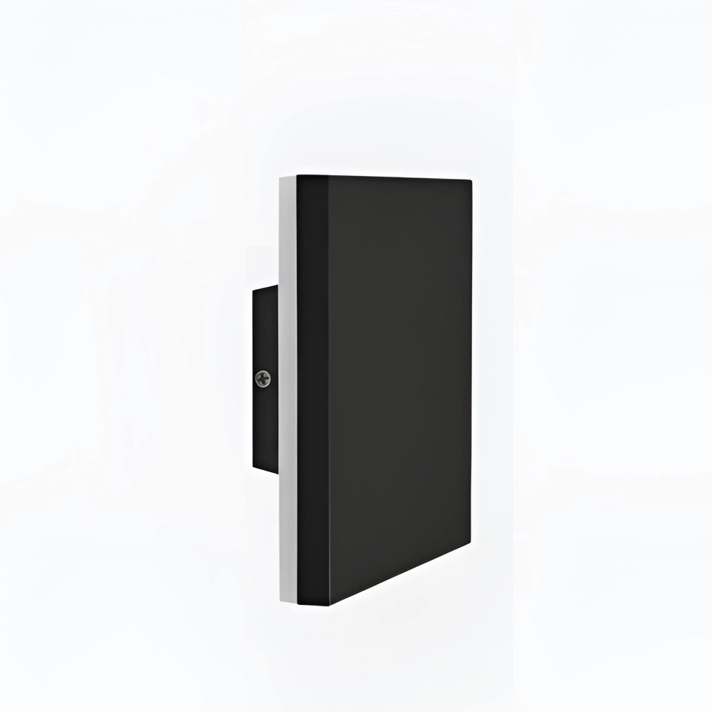 Waterproof black rectangular LED outdoor wall lamp aluminum light fixture attached to an exterior wall.
