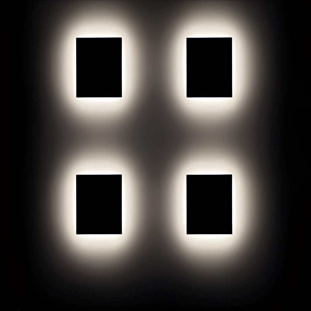 Waterproof LED outdoor wall lamp aluminum light fixture with a sleek rectangular design, featuring electric blue elements, symmetrical patterns, and dark accents.