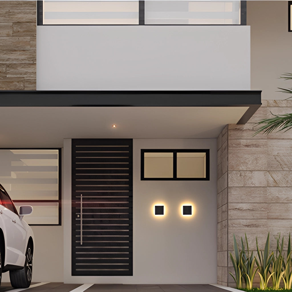Waterproof LED outdoor wall lamp aluminum light fixture mounted on a building exterior near a plant.