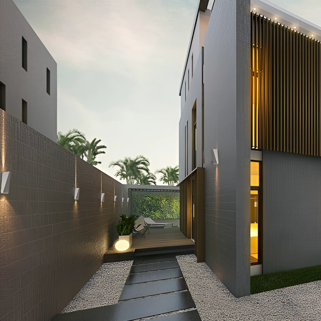 Modern Nordic style waterproof LED outdoor wall light mounted on a residential building wall, with a clear sky and sunlight illuminating the scene.