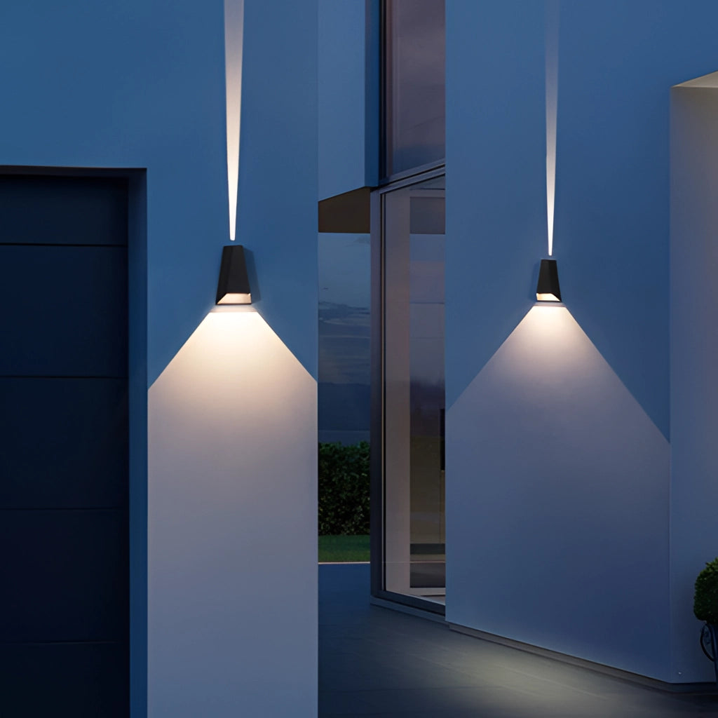 Waterproof Outdoor Pyramid LED Wall Sconce mounted on a wooden exterior wall.