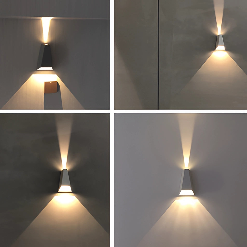 Black Waterproof Outdoor Pyramid LED Wall Sconce with sleek rectangular design mounted on a wooden wall, emitting bright light.