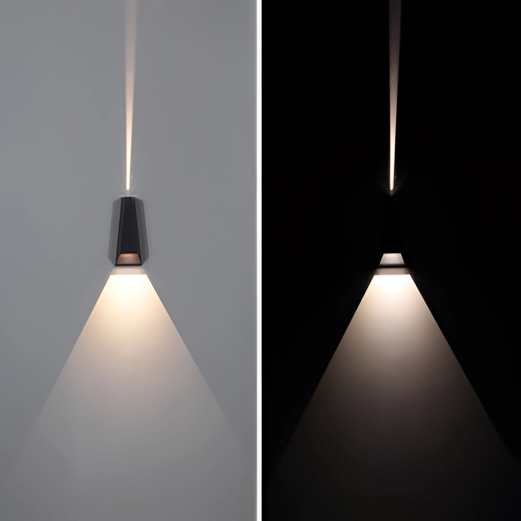 Waterproof Outdoor Pyramid LED Wall Sconce with a sleek rectangular design, featuring a symmetrical light shade, mounted on an exterior wall.