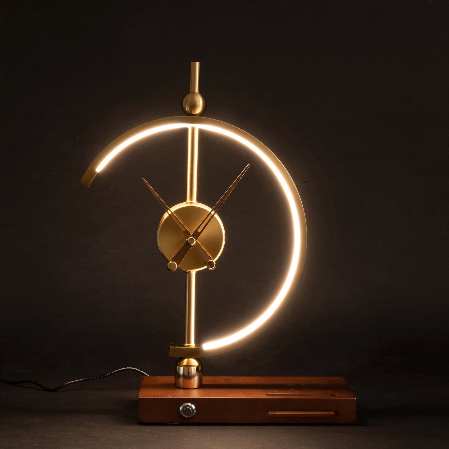 Wireless charging clock lamp with LED light and integrated clock, featuring a wooden base and modern design.