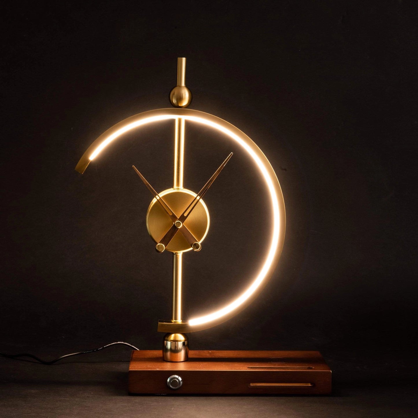 Wireless Charging Clock Lamp with LED Light featuring a wooden base, integrated digital clock display, and circular lamp head.
