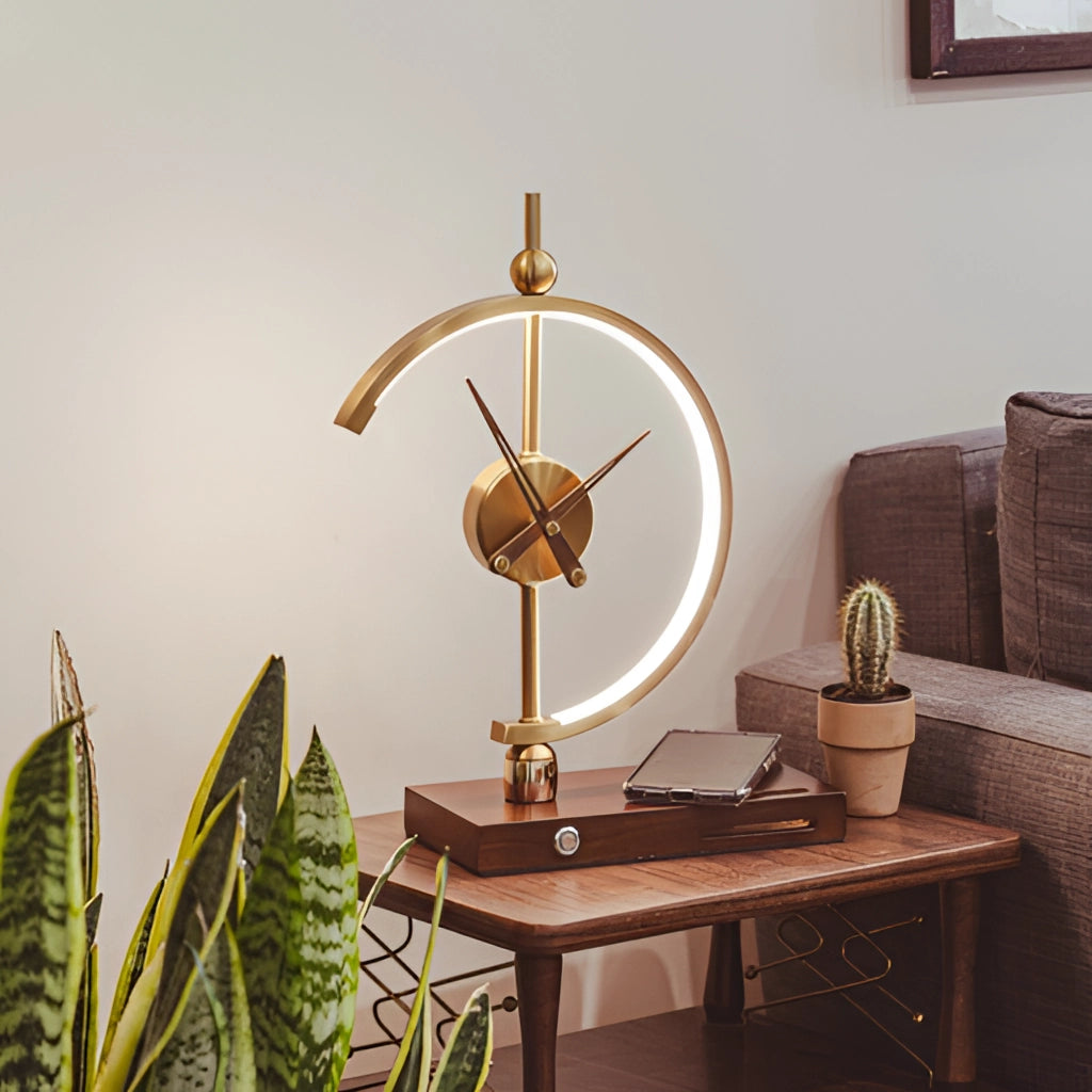 Wireless charging clock lamp with LED light and integrated clock placed on a wooden table near a plant, picture frame, and couch in a cozy interior setting.