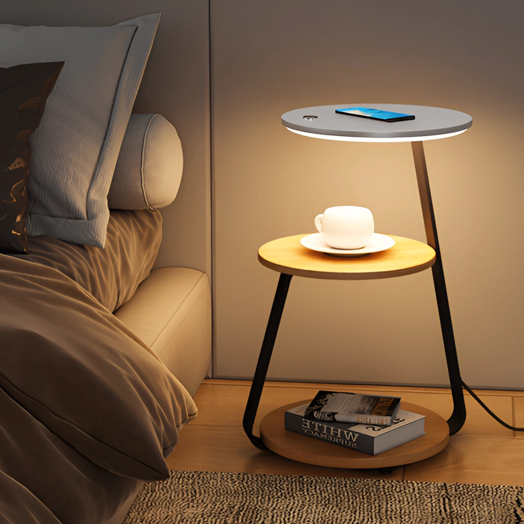 A stylish wooden desk with built-in wireless charging capabilities, featuring a sleek design, a comfortable working surface, and a modern lamp in a well-designed interior space.
