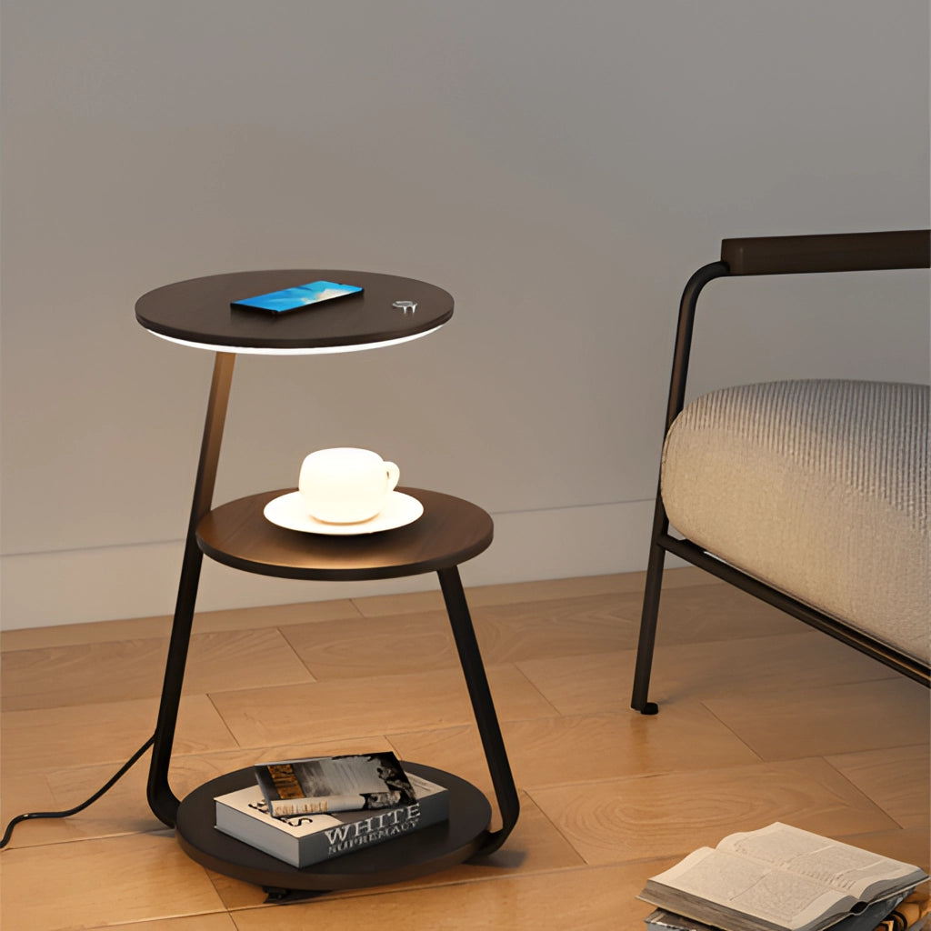 Modern wooden desk with built-in wireless charging, featuring a sleek design, ambient lighting, and integrated shelving for a stylish and functional workspace.