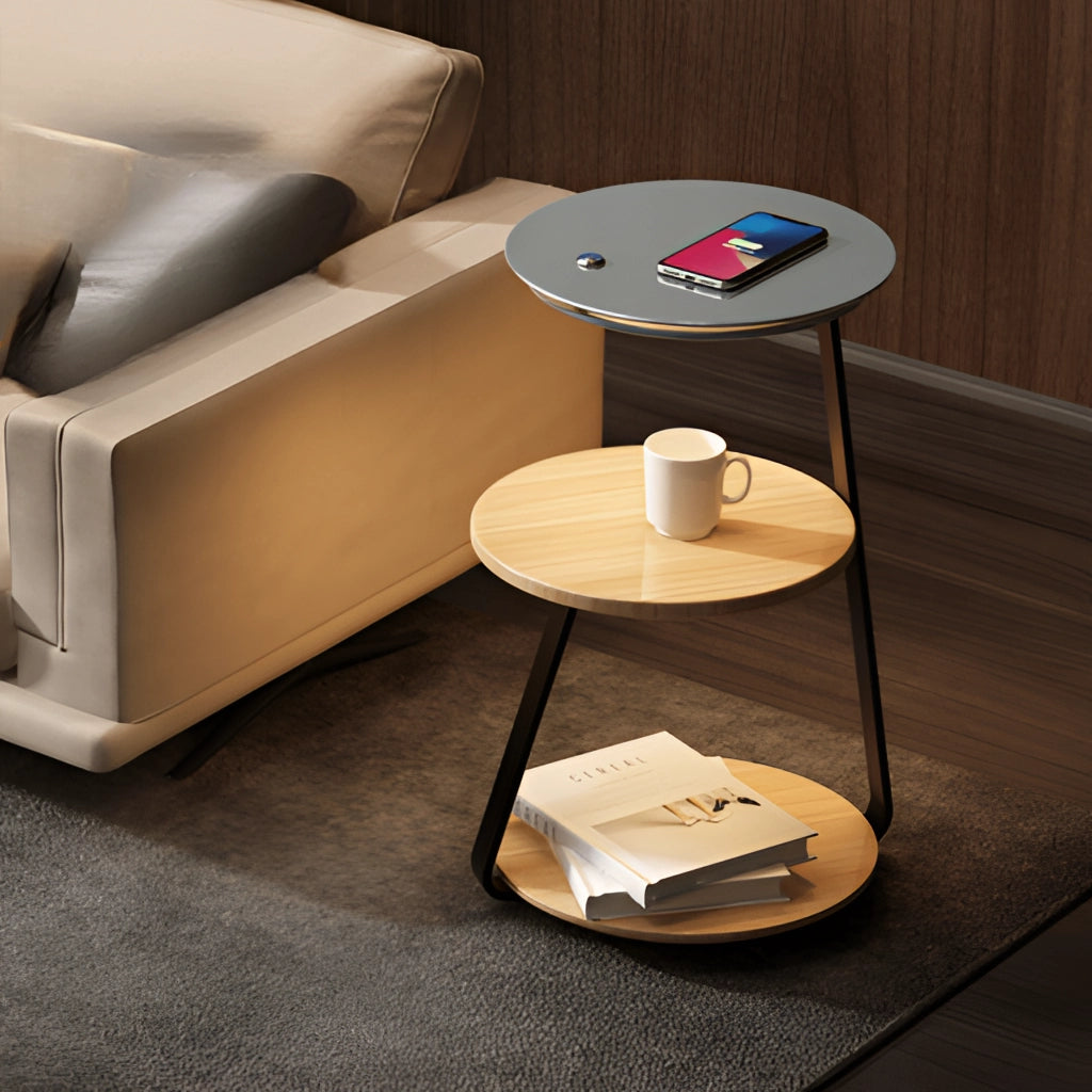 Wireless Charging Premium Desk in Slate and Maple finish situated in a modern setting with a wooden chair and flooring.