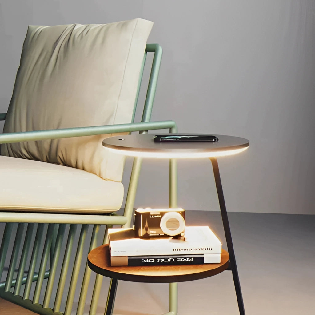 A premium wooden desk with wireless charging capability, accompanied by a comfortable upholstered chair featuring armrests, set in a modern interior design with shelving and wooden flooring.
