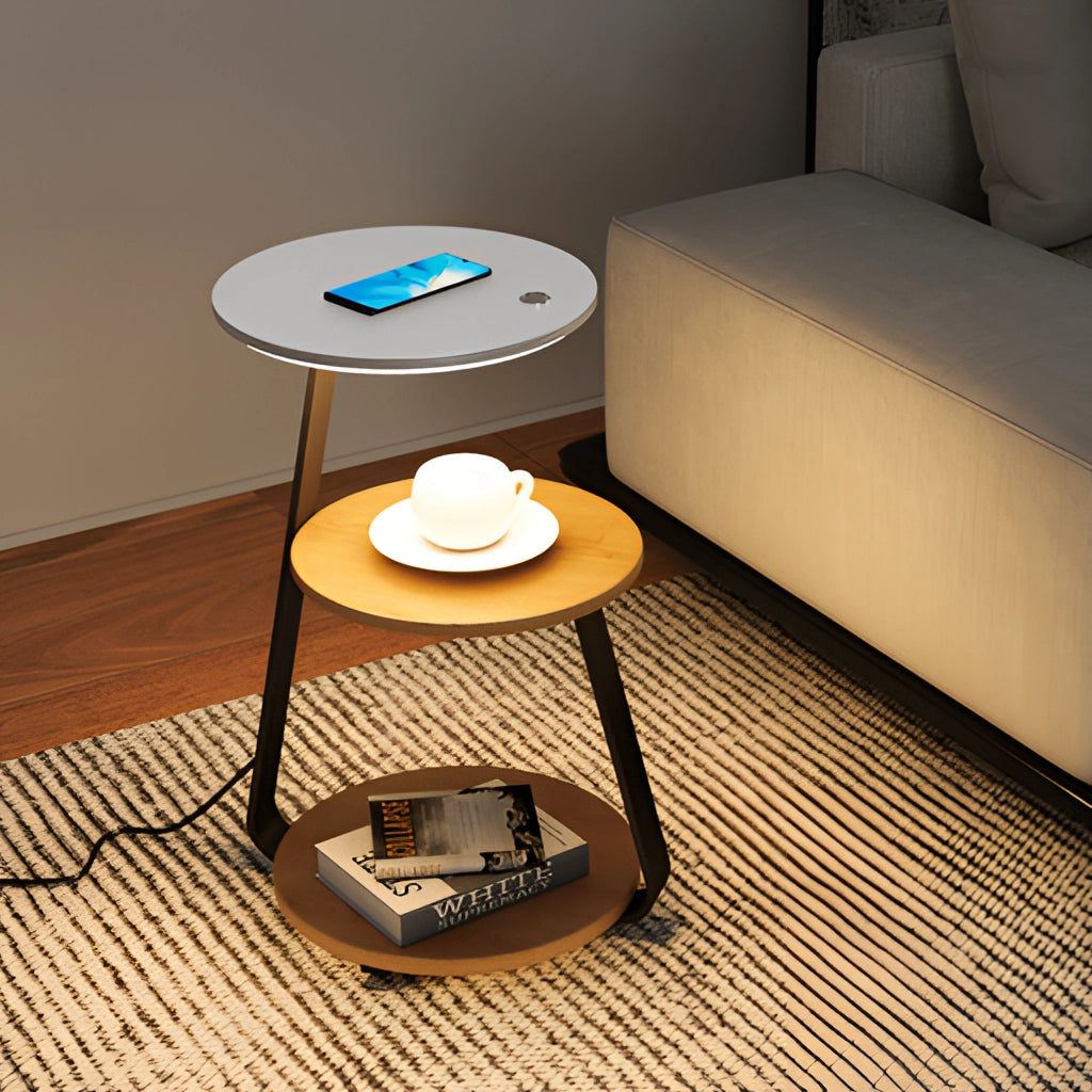 A premium wooden desk with wireless charging functionality, featuring a clean and organized workspace with dishware and serveware.