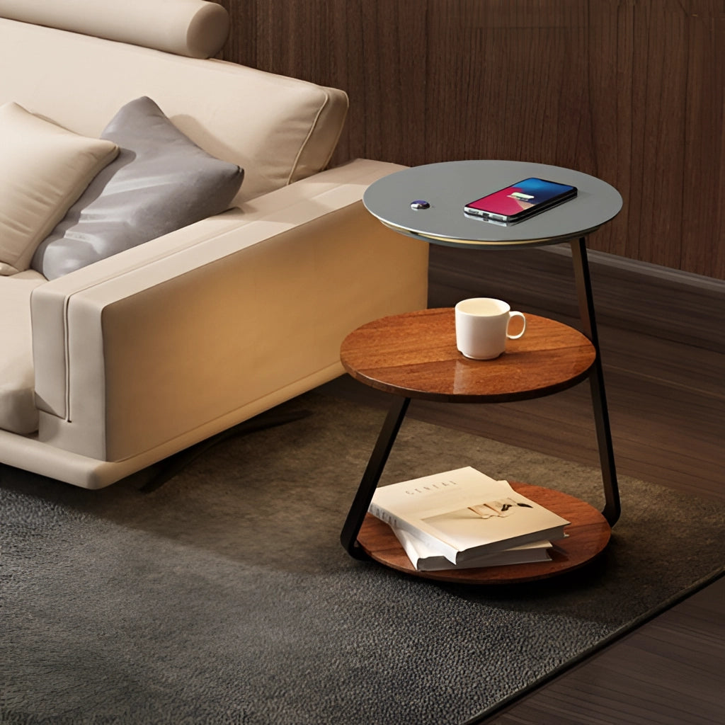 A stylish wooden rectangular desk with built-in wireless charging, set in a modern interior space.