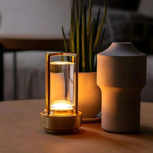 Wireless crystal lantern table lamp on a wooden table next to a flowerpot and houseplant, showcasing its elegant design suitable for interior decoration.