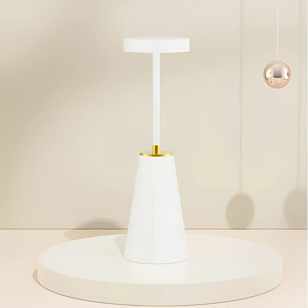 White Wireless LED Table Lamp with Touch Technology, Aluminum Alloy, 3 Color Dimming, 4000mAh Battery, on a wooden surface.