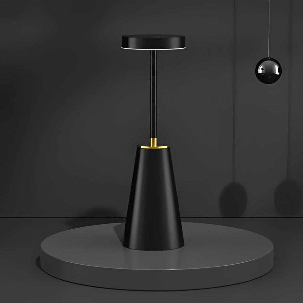 Wireless LED table lamp with touch technology in black, featuring an aluminum alloy body, 3 color dimming options, and a 4000mAh battery, with a modern cylindrical design and sleek lines.
