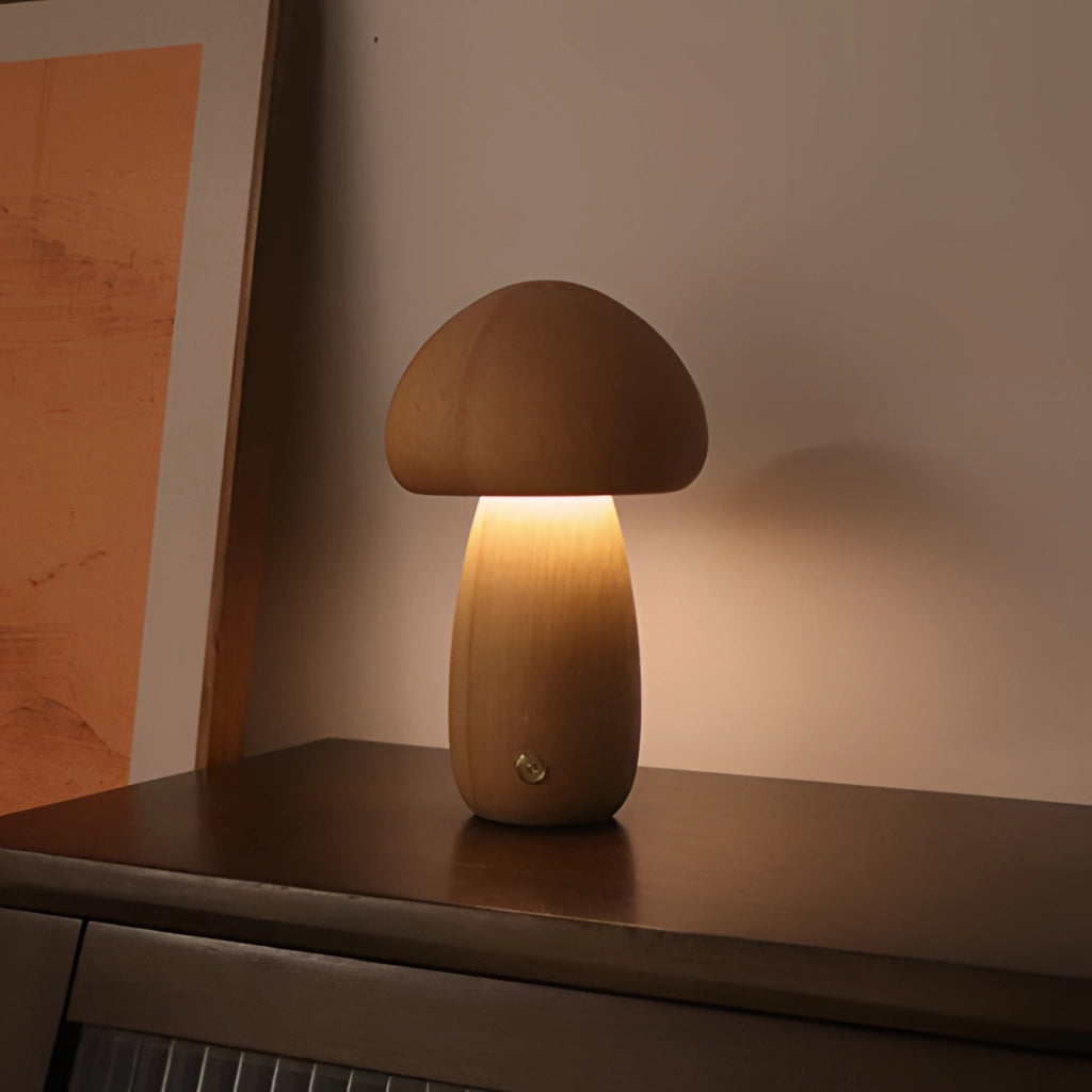 Tall cordless table lamp with natural wood effect, designed to resemble a mushroom, featuring a long-lasting and portable design.