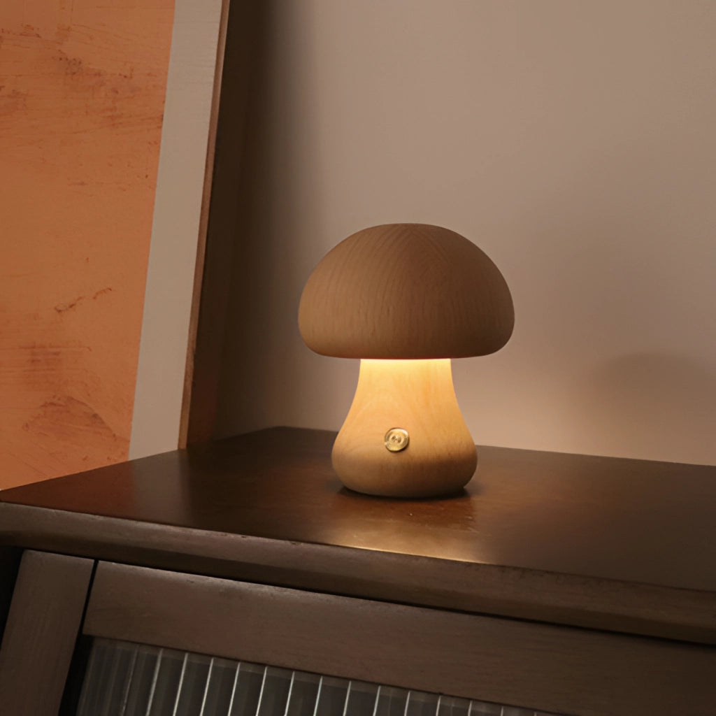 Wood Effect Mushroom Cordless Table Lamp with Flared Short Shade in Natural Wood Finish, shown in a modern interior setting.