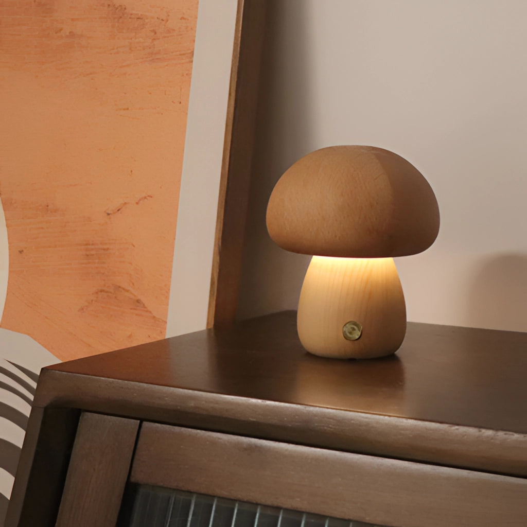 Wood Effect Mushroom Cordless Table Lamp in Natural Wood, Shroom Short, placed on a table in an interior setting with beige tones and hardwood flooring.