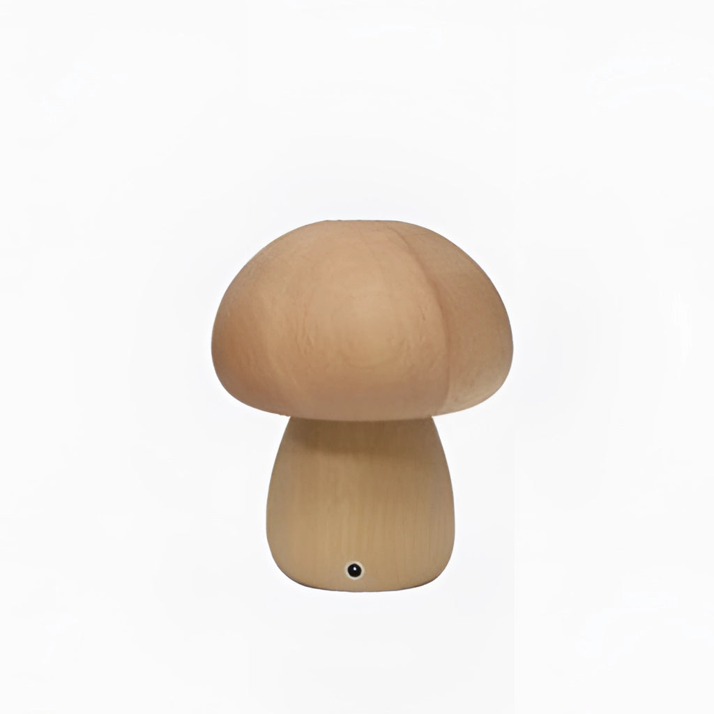 Wood effect mushroom-shaped cordless table lamp with a sleek design, featuring a wooden finish, portable and long-lasting, displayed on a table.