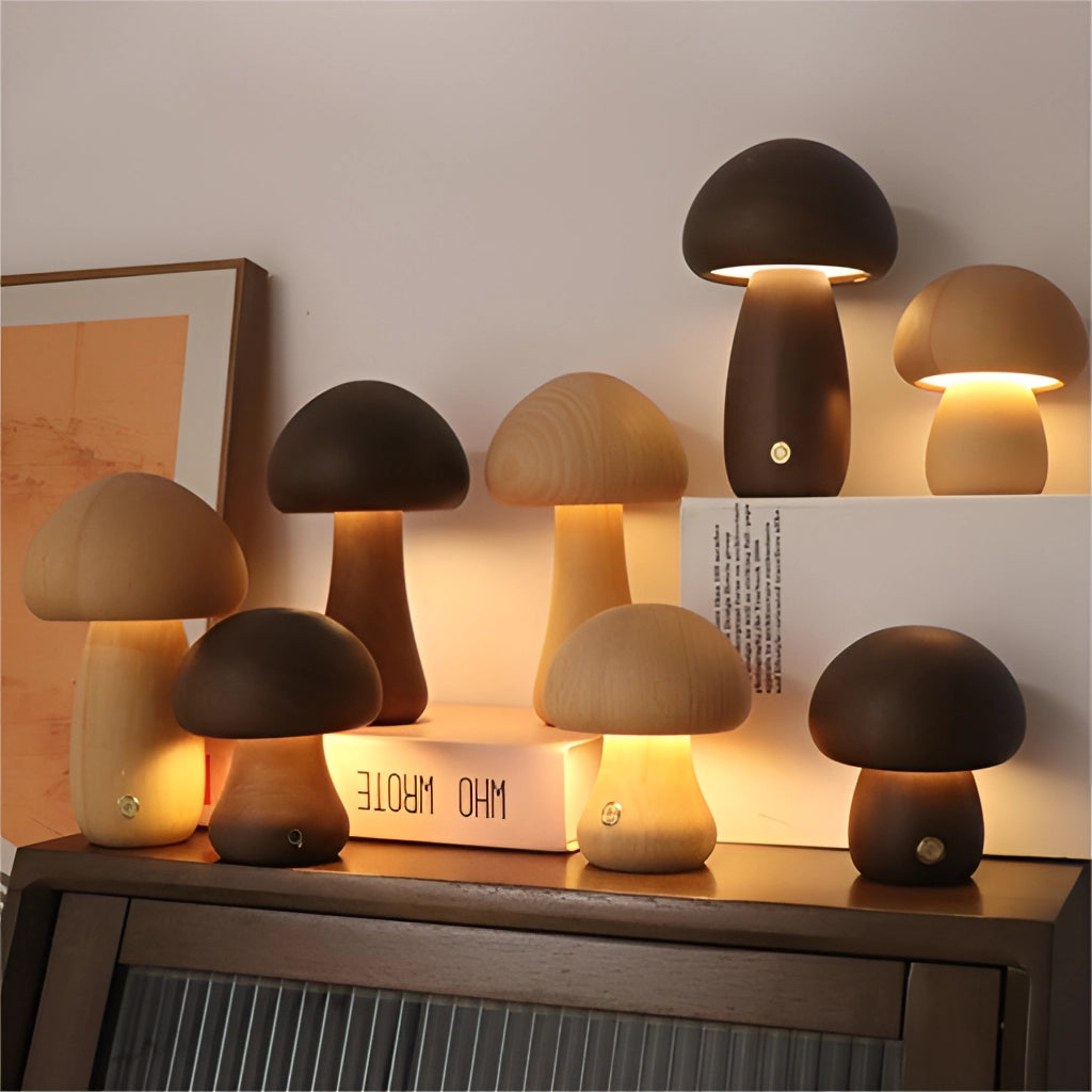 Wood Effect Mushroom Cordless Table Lamp with Shade, featuring a long-lasting and portable design.