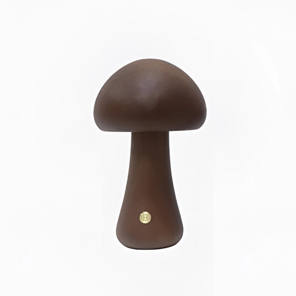 Wood effect mushroom-shaped cordless table lamp, portable and long-lasting, displayed on a table.