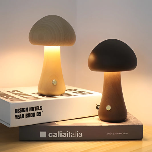 Wood Effect Mushroom Cordless Table Lamp placed on a wooden table in an interior setting.