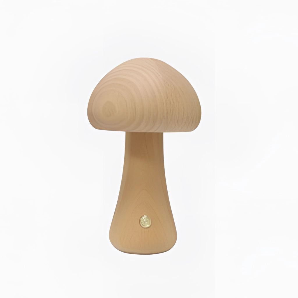 Wood-effect mushroom-shaped cordless table lamp, portable and long-lasting, made of plywood with wood stain finish.