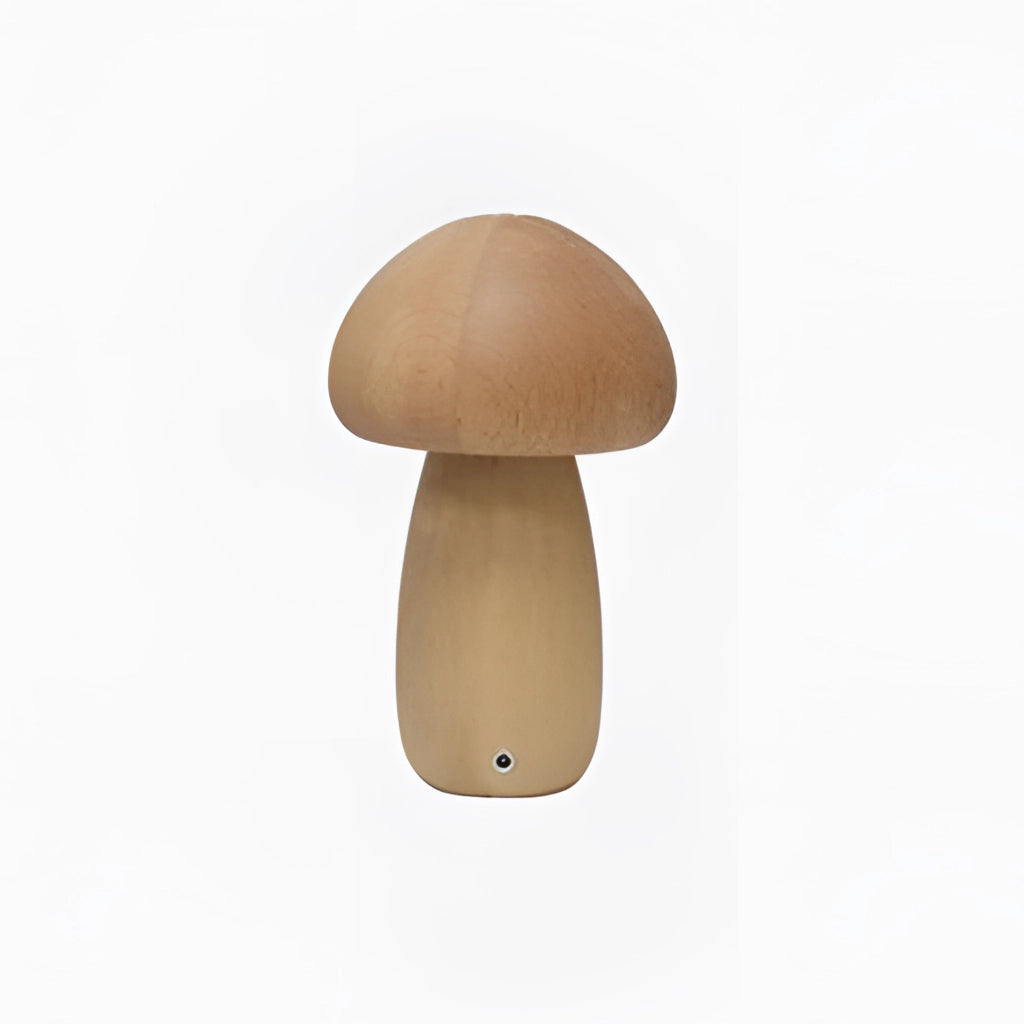 Wood Effect Mushroom Cordless Table Lamp featuring a mushroom-shaped design with wood-like texture, placed on a table, highlighting its portable and stylish appearance.