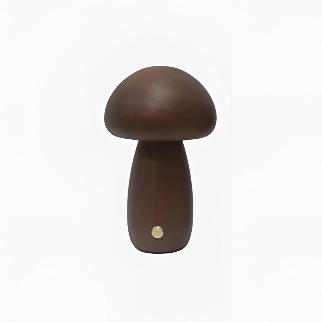 Wood effect mushroom-shaped cordless table lamp on a table, featuring a long-lasting and portable design.